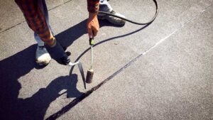 Homeowner inspecting a dry asphalt-shingle roof from a secured ladder with safety gear nearby