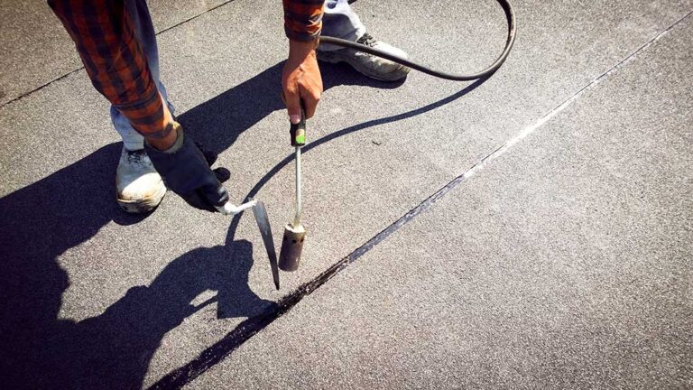 Homeowner inspecting a dry asphalt-shingle roof from a secured ladder with safety gear nearby